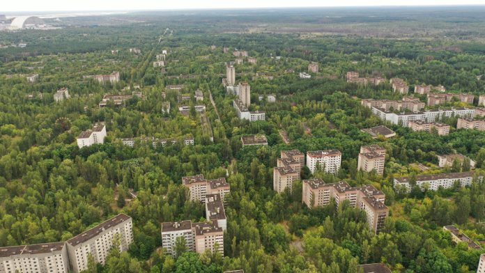 Vista aérea de una ciudad fantasma consumida por la malesa.