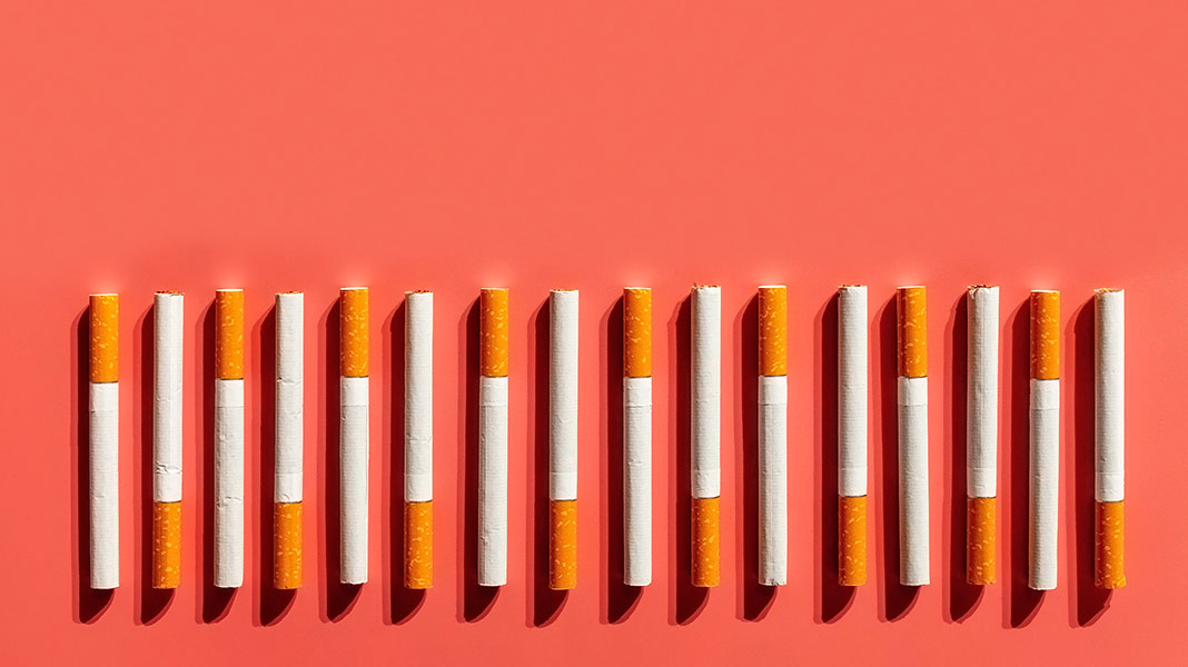 cigarrillos puestos en fila sobre fondo de color chicle