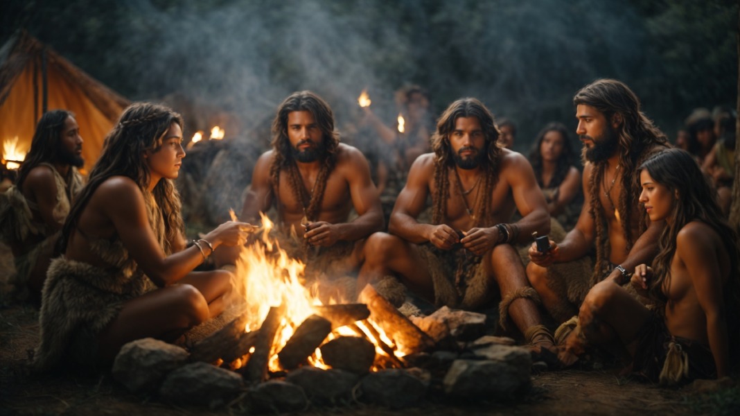 Grupo de primeros hombres compartiendo comida prehistórica