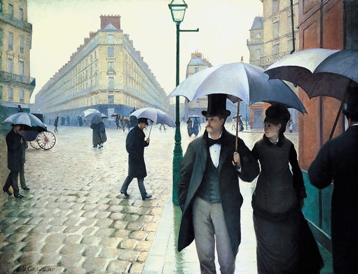 pintura que muestra como el inventor del paraguas impacto en la moda 1877.
