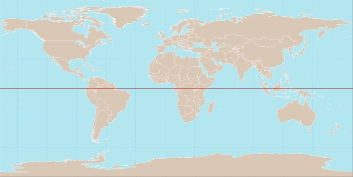 Mapamundi representado con una línea roja imaginaria denominada el ecuador que lo divide en dos.