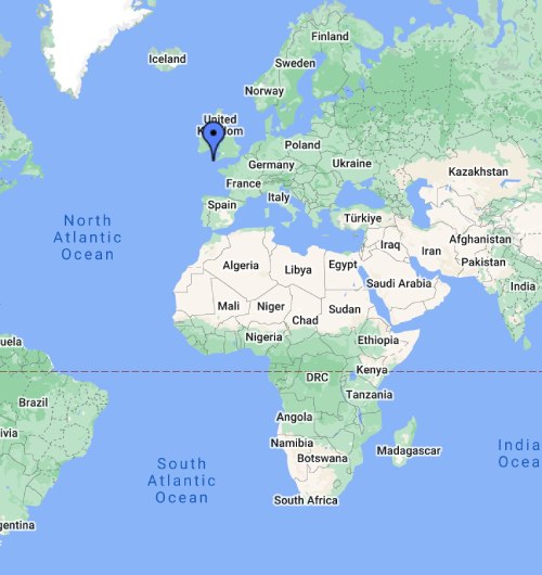 Mapa con la ubicación de las costas de Land's End marcadas.