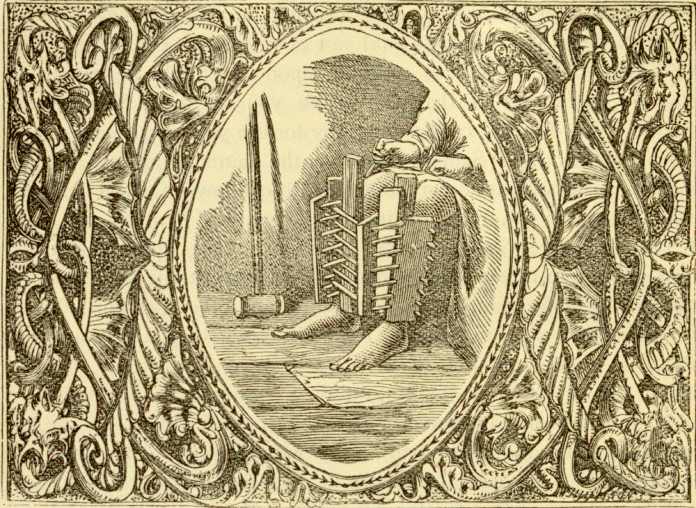Ilustración de un dispositivo de tortura antiguo con pinchos rodeando las piernas de la víctima.
