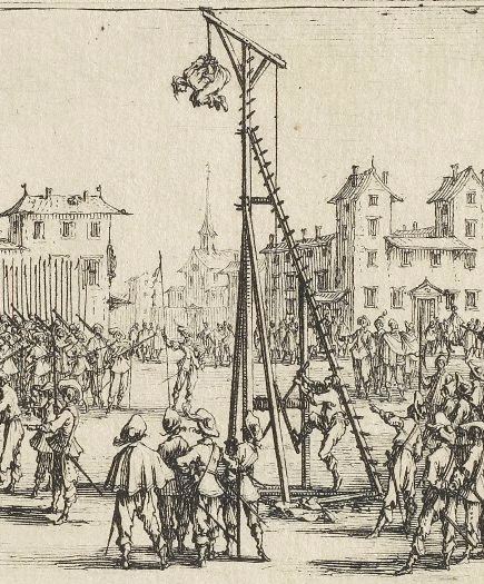 Boceto de tortura en un dibujo antiguo con una persona levantada varios metros por el resto de la multitud en una plaza.