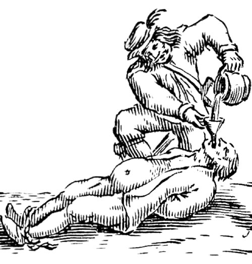 Dibujo antiguo de una persona atada con un embudo en la boca mientras otro le agrega líquido.